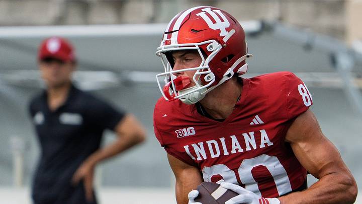 Indiana's Charlie Becker (80) during Indiana University's football camp practice on Tuesday, Aug. 11, 2026.