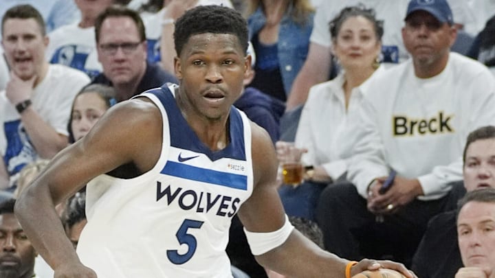 May 6, 2025; Minneapolis, Minnesota, USA; Minnesota Timberwolves guard Anthony Edwards (5) drives to the baseline against the Golden State Warriors in the first quarter during game one of the second round for the 2025 NBA Playoffs at Target Center. Mandatory Credit: Bruce Kluckhohn-Imagn Images