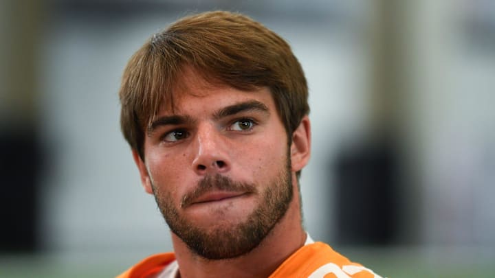 University of Tennessee LB Jeremiah Telander (22) speaks to the press on media day at the campus in Knoxville, Tuesday, July 30, 2024. University of Tennessee LB Jeremiah Telander (22) speaks to the press on media day at the campus in Knoxville, Tuesday, July 30, 2024.