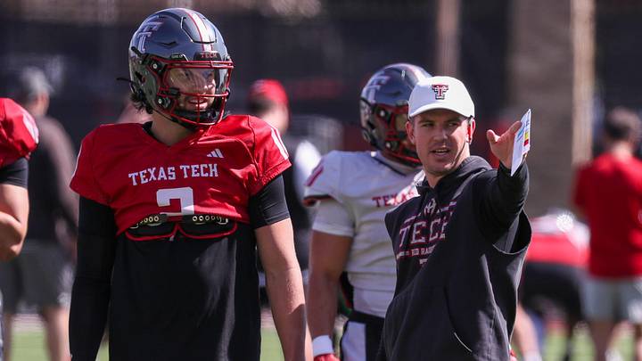 Texas Tech offensive coordinator Mack Leftwich talks to Brendan Sorsby during spring football practice, Thursday, April 9, 2026, at the Womble Football Center.