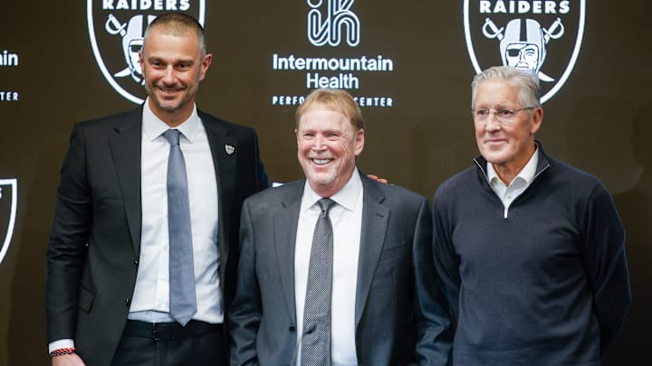 GM John Spytek, Owner Mark Davis, and Las Vegas Raiders Coach Pete Carroll