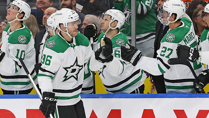 Mar 8, 2025; Edmonton, Alberta, CAN; The Dallas Stars celebrate a goal by forward Mikko Rantanen (96) during the third period against the Edmonton Oilers at Rogers Place. Mandatory Credit: Perry Nelson-Imagn Images