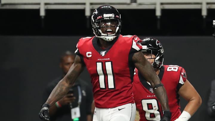 Sep 15, 2019; Atlanta, GA, USA; Atlanta Falcons wide receiver Julio Jones (11) reacts after scoring the game-winning touchdown in the fourth quarter against the Philadelphia Eagles at Mercedes-Benz Stadium.