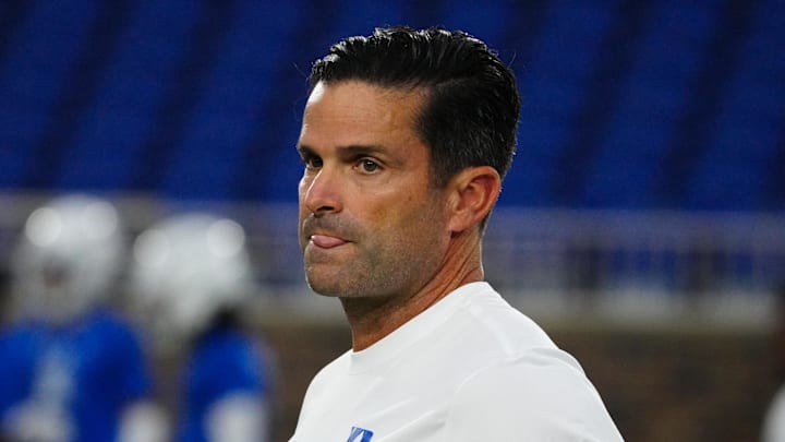Aug 30, 2024; Durham, North Carolina, USA;  Duke Blue Devils head coach Manny Diaz looks on before the game against the Elon Phoenix at Wallace Wade Stadium. Mandatory Credit: James Guillory-Imagn Images