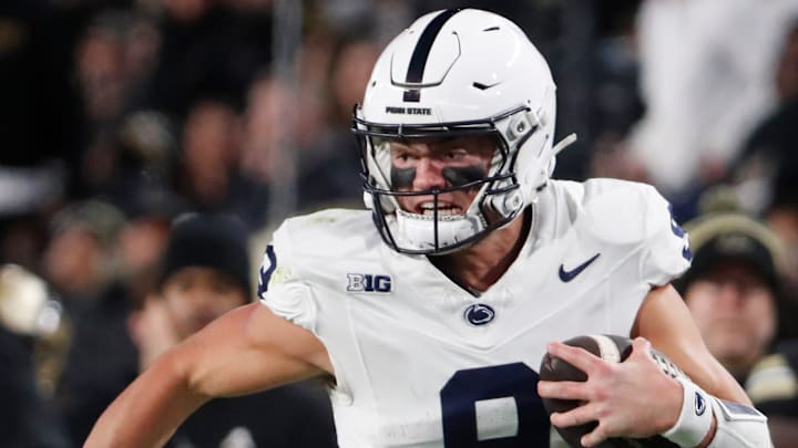 Penn State Nittany Lions quarterback Beau Pribula runs with the football vs. Purdue in a Big Ten football game. Penn State Nittany Lions quarterback Beau Pribula runs with the football vs. Purdue in a Big Ten football game.