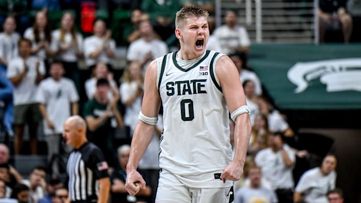 Michigan State's Jaxon Kohler celebrates a Ferris State turnover during the second half on Tuesday, Oct. 29, 2024, in East Lansing.