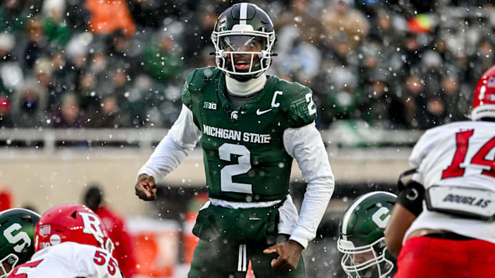Michigan State's Aidan Chiles prepares to snap the ball against Rutgers during the second quarter on Saturday, Nov. 30, 2024, at Spartan Stadium in East Lansing.