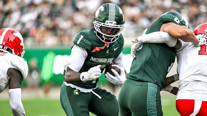 Michigan State's Omari Kelly runs with the ball against Youngstown State during the fourth quarter on Saturday, Sept. 13, 2025, at Spartan Stadium in East Lansing.
