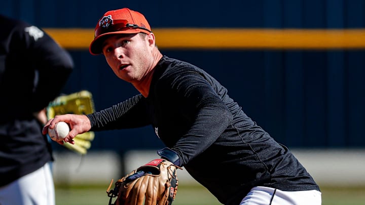 Detroit Tigers infielder Colt Keith practices during spring training at TigerTown in Lakeland, Fla.