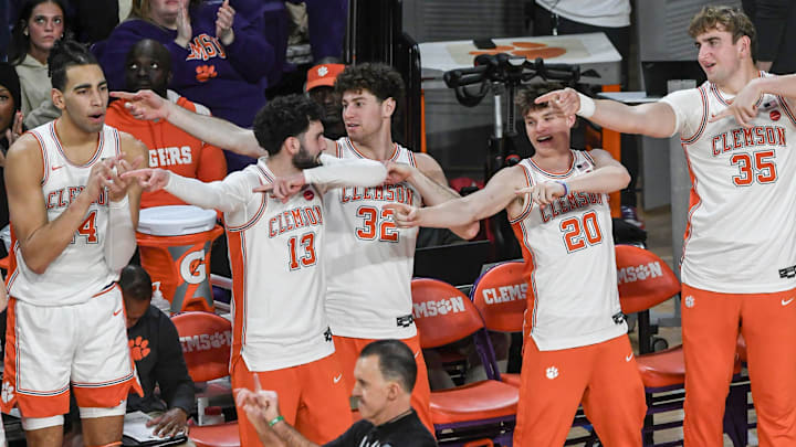 Dec 3, 2024; Clemson, South Carolina, USA; Clemson bench react when Kentucky turns over the ball during the first half against Kentucky at Littlejohn Coliseum. Dec 3, 2024; Clemson, South Carolina, USA; Clemson bench react when Kentucky turns over the ball during the first half against Kentucky at Littlejohn Coliseum.