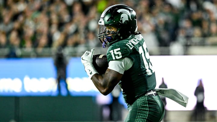 Michigan State's Kay'ron Lynch-Adams catches a pass against Iowa in the second quarter on Saturday, Oct. 19, 2024, at Spartan Stadium in East Lansing.