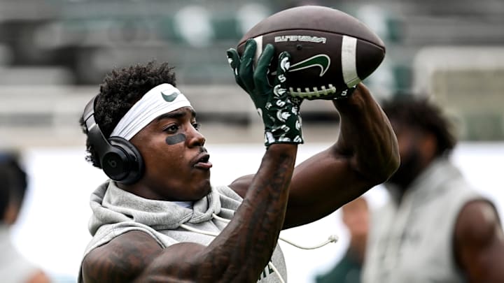 Michigan State's Nick Marsh catches a pass while warming up before the game against Youngstown State on Saturday, Sept. 13, 2025, at Spartan Stadium in East Lansing.