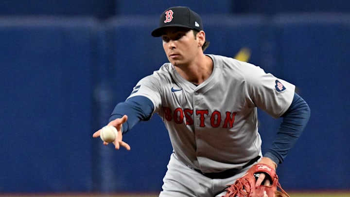 Sep 18, 2024; St. Petersburg, Florida, USA; Boston Red Sox first baseman Triston Casas (36) flips the ball to the pitcher in the second inning against the Tampa Bay Rays at Tropicana Field. Mandatory Credit: Jonathan Dyer-Imagn Images Sep 18, 2024; St. Petersburg, Florida, USA; Boston Red Sox first baseman Triston Casas (36) flips the ball to the pitcher in the second inning against the Tampa Bay Rays at Tropicana Field. Mandatory Credit: Jonathan Dyer-Imagn Images
