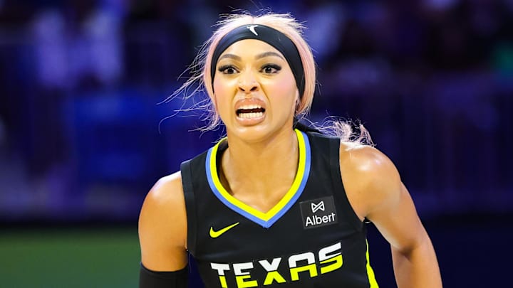 Jun 6, 2025; Arlington, Texas, USA; Dallas Wings guard DiJonai Carrington (21) reacts against the Los Angeles Sparks during the second half at College Park Center. Mandatory Credit: Kevin Jairaj-Imagn Images Jun 6, 2025; Arlington, Texas, USA; Dallas Wings guard DiJonai Carrington (21) reacts against the Los Angeles Sparks during the second half at College Park Center. Mandatory Credit: Kevin Jairaj-Imagn Images