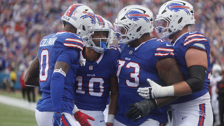 Bills Khalil Shakir is congratulated by teammates Keon Coleman, Dion Dawkins and Spencer Brown on his touchdown catch during the third quarter at Highmark Stadium in Orchard Park on Sept. 8, 2024. Bills Khalil Shakir is congratulated by teammates Keon Coleman, Dion Dawkins and Spencer Brown on his touchdown catch during the third quarter at Highmark Stadium in Orchard Park on Sept. 8, 2024.