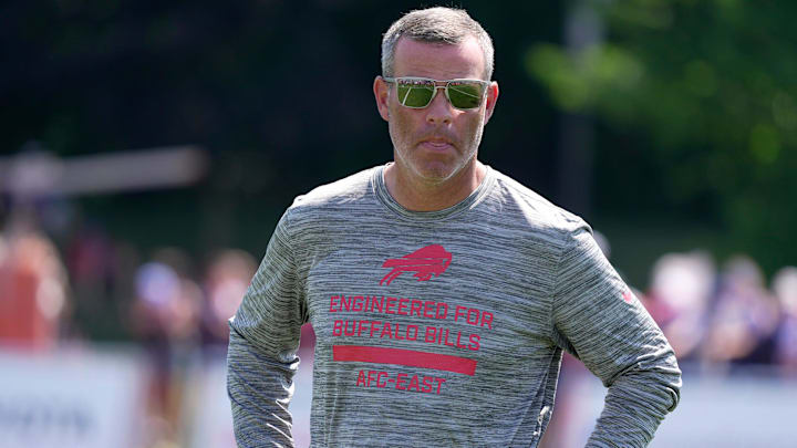 Brandon Beane, general manager of the Buffalo Bills, heads off the field at the end of practice at training camp. Brandon Beane, general manager of the Buffalo Bills, heads off the field at the end of practice at training camp.