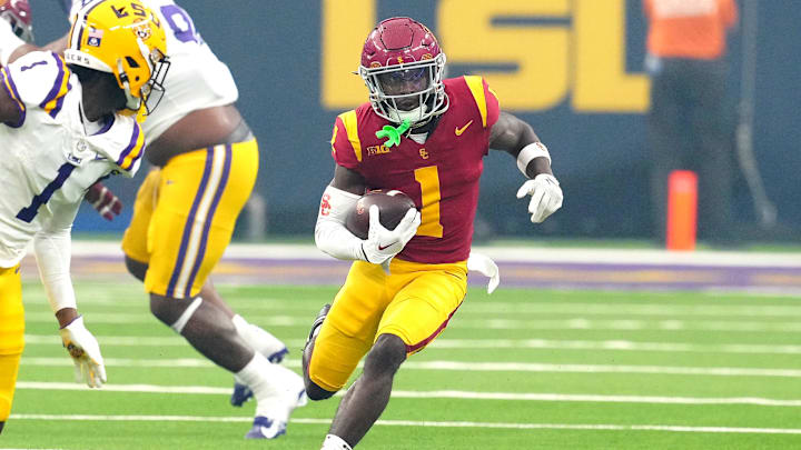 Sep 1, 2024; Paradise, Nevada, USA; Southern California Trojans wide receiver Zachariah Branch (1) runs against the LSU Tigers during the second quarter at Allegiant Stadium. Mandatory Credit: Stephen R. Sylvanie-Imagn Images