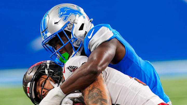 Tampa Bay Buccaneers wide receiver Mike Evans (13) makes a catch against Detroit Lions cornerback Terrion Arnold (0)