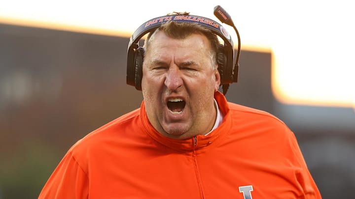 Nov 4, 2023; Minneapolis, Minnesota, USA; Illinois Fighting Illini head coach Bret Bielema reacts to a holding call during the second half against the Minnesota Golden Gophers at Huntington Bank Stadium. Mandatory Credit: Matt Krohn-Imagn Images