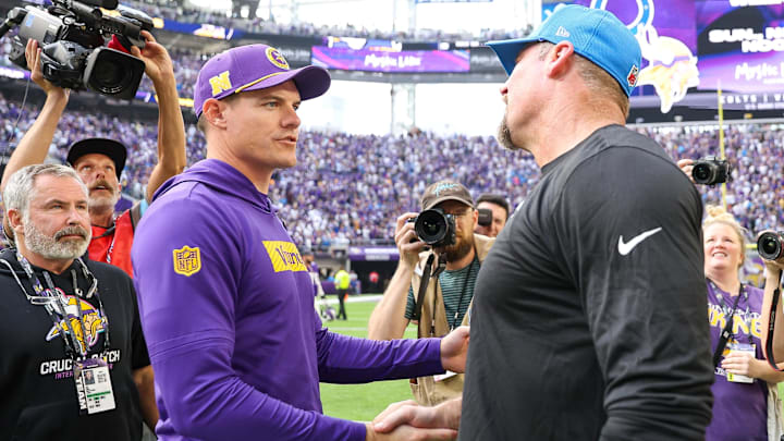 Oct 20, 2024; Minneapolis, Minnesota, USA; Minnesota Vikings head coach Kevin O'Connell and Detroit Lions head coach Dan Campbell shakes hands after the game at U.S. Bank Stadium. Oct 20, 2024; Minneapolis, Minnesota, USA; Minnesota Vikings head coach Kevin O'Connell and Detroit Lions head coach Dan Campbell shakes hands after the game at U.S. Bank Stadium.
