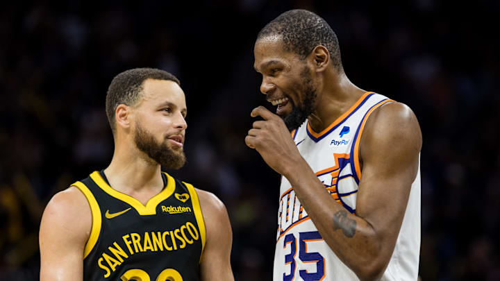 Feb 10, 2024; San Francisco, California, USA; Golden State Warriors guard Stephen Curry (30) and Phoenix Suns forward Kevin Durant (35) talk during the second half at Chase Center. Mandatory Credit: John Hefti-Imagn Images Feb 10, 2024; San Francisco, California, USA; Golden State Warriors guard Stephen Curry (30) and Phoenix Suns forward Kevin Durant (35) talk during the second half at Chase Center. Mandatory Credit: John Hefti-Imagn Images