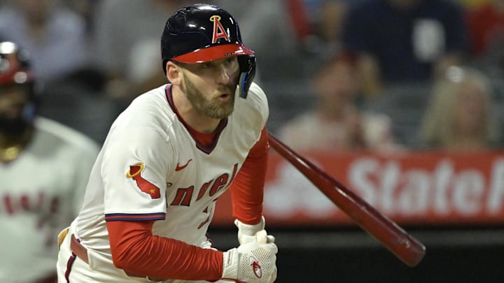 Los Angeles Angels left fielder Taylor Ward (3) hits a two RBI single in the eighth inning against the Texas Rangers at Angel Stadium. Los Angeles Angels left fielder Taylor Ward (3) hits a two RBI single in the eighth inning against the Texas Rangers at Angel Stadium.