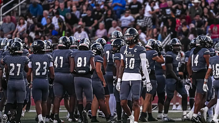 Steele receiver Jalen Cooper (10) eyes the Westlake sideline ahead of the game at Lehnoff Stadium on Friday, Sept. 20, 2024 in Schertz, Texas.