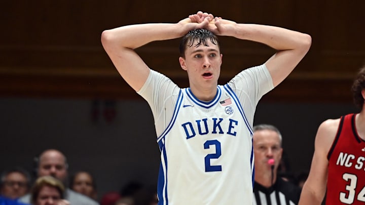 Jan 27, 2025; Durham, North Carolina, USA; Duke Blue Devils forward Cooper Flagg (2) reacts during the second half against the North Carolina State Wolfpack at Cameron Indoor Stadium. The Blue Devils won 74-64. Mandatory Credit: Rob Kinnan-Imagn Images Jan 27, 2025; Durham, North Carolina, USA; Duke Blue Devils forward Cooper Flagg (2) reacts during the second half against the North Carolina State Wolfpack at Cameron Indoor Stadium. The Blue Devils won 74-64. Mandatory Credit: Rob Kinnan-Imagn Images