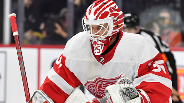 Dec 16, 2023; Philadelphia, Pennsylvania, USA; Detroit Red Wings goaltender Ville Husso (35) against