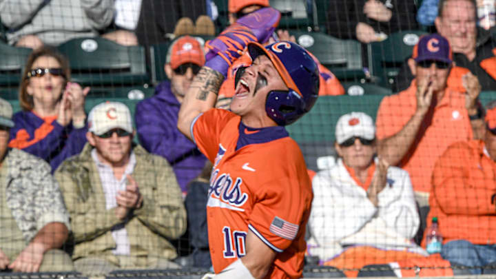 Clemson outfieler Cam Cannarella (10) scores against Wake Forest University during the bottom of the first inning at Doug Kingsmore Stadium in Clemson, S.C. Friday, March 21, 2025.