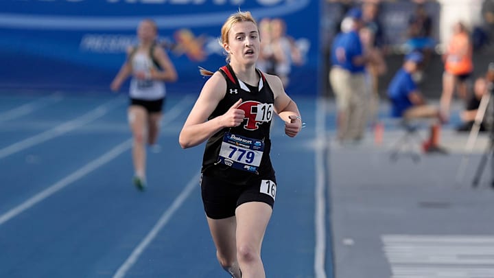 Cedar Falls’ Charlee Gall finishes her high school girls 3000-meter run in the Drake Relays at Drake Stadium on April 24, 2025, in Des, Moines, Iowa