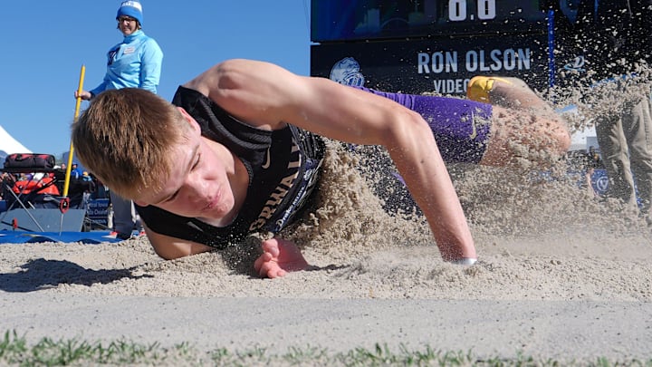 Norwalk’s Kaiden Kunze lands during high school boys long jump in the Drake Relays at drake Stadium on April 24, 2026, in Des Moines, Iowa.in the Drake Relays at Drake Stadium on April 24, 2026, in Des Moines, Iowa.