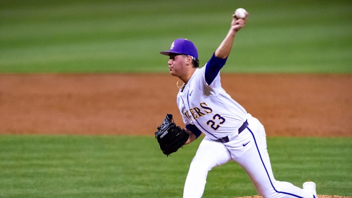 Tigers starting pitcher Gage Jump 23 on the mound as the LSU Tigers take on the Vanderbilt Commodores at Alex Box Stadium in Baton Rouge LA. Friday, April 5, 2024.