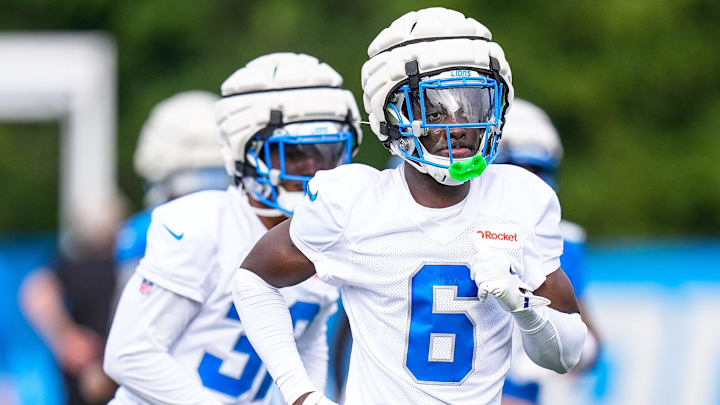 Detroit Lions cornerback Terrion Arnold (6) practices during training camp at Meijer Performance Center in Allen Park on Sunday, July 20, 2025.