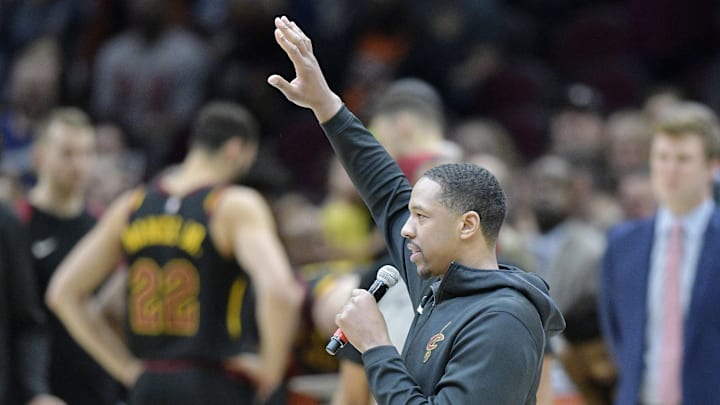 Apr 9, 2019; Cleveland, OH, USA; Cleveland Cavaliers forward Channing Frye (9) speaks before a game between the Cleveland Cavaliers and the Charlotte Hornets at Rocket Mortgage FieldHouse. Mandatory Credit: David Richard-Imagn Images