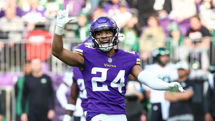 Dec 4, 2022; Minneapolis, Minnesota, USA; Minnesota Vikings safety Camryn Bynum (24) reacts during the first quarter against the New York Jets at U.S. Bank Stadium.