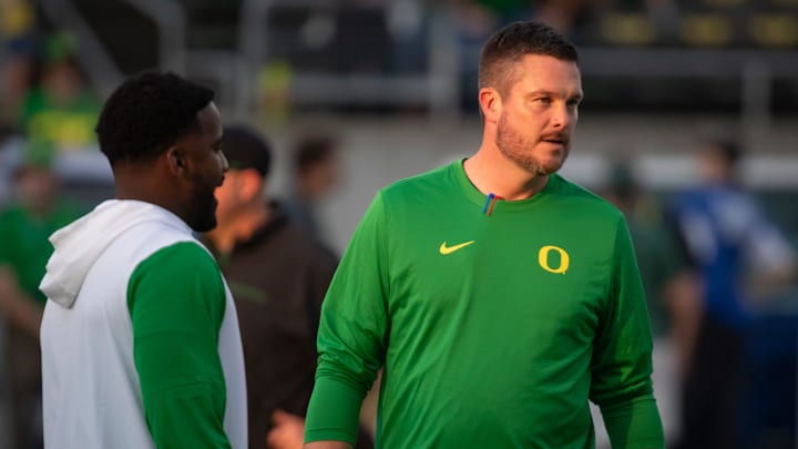 Oregon head coach Dan Lanning walks the field ahead of the game as the Oregon Ducks host the Boise State Broncos Saturday, Sept. 7, 2024 at Autzen Stadium in Eugene, Ore.