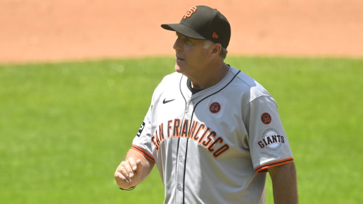 Jul 7, 2024; Cleveland, Ohio, USA; San Francisco Giants pitching coach Bryan Price (80) walks on the field in the fourth inning against the Cleveland Guardians at Progressive Field Jul 7, 2024; Cleveland, Ohio, USA; San Francisco Giants pitching coach Bryan Price (80) walks on the field in the fourth inning against the Cleveland Guardians at Progressive Field