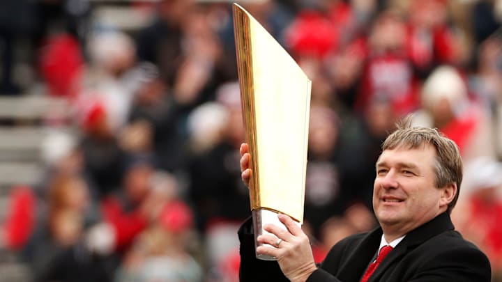 Georgia football coach Kirby Smart during the the national championship celebration at Sanford Stadium in Athens on Jan. 15, 2022.