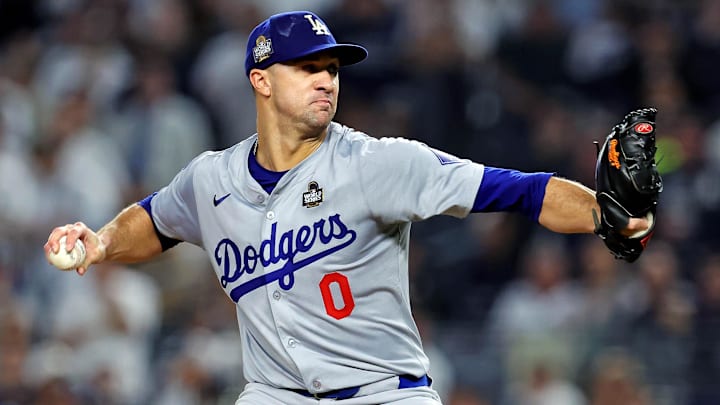 Oct 30, 2024; New York, New York, USA; Los Angeles Dodgers pitcher Jack Flaherty (0) pitches during the first inning against the New York Yankees in game four of the 2024 MLB World Series at Yankee Stadium. Oct 30, 2024; New York, New York, USA; Los Angeles Dodgers pitcher Jack Flaherty (0) pitches during the first inning against the New York Yankees in game four of the 2024 MLB World Series at Yankee Stadium.