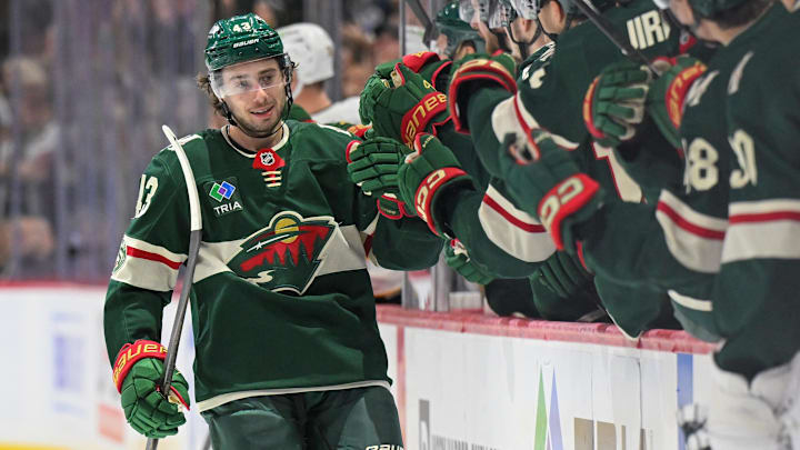 Dec 14, 2025; Saint Paul, Minnesota, USA; Minnesota Wild defensemen Quinn Hughes (43) celebrates after scoring a goal against the Boston Bruins during the third period at Grand Casino Arena. Mandatory Credit: Nick Wosika-Imagn Images Dec 14, 2025; Saint Paul, Minnesota, USA; Minnesota Wild defensemen Quinn Hughes (43) celebrates after scoring a goal against the Boston Bruins during the third period at Grand Casino Arena. Mandatory Credit: Nick Wosika-Imagn Images