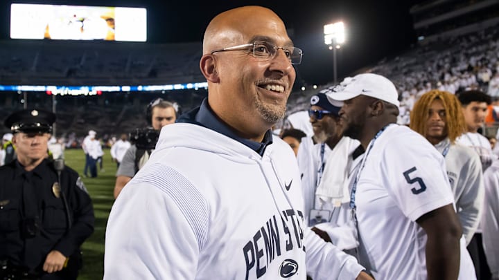 Penn State head coach James Franklin smiles as he greets supporters following the Nittany Lion's 45-17 win over Minnesota at Beaver Stadium in 2022. 