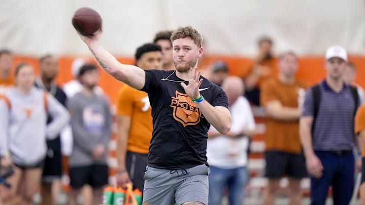 Former Longhorns Quinn Ewers passes during the Texas' Pro Day at the Texas Football Training Facility on Tuesday, March 25, 2025. Former Longhorns Quinn Ewers passes during the Texas' Pro Day at the Texas Football Training Facility on Tuesday, March 25, 2025.