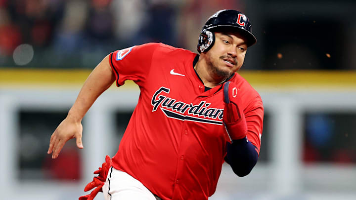 Oct 19, 2024; Cleveland, Ohio, USA; Cleveland Guardians first base Josh Naylor (22) runs to third base on the way to score a run during the second inning against the New York Yankees during game five of the ALCS for the 2024 MLB playoffs at Progressive Field.