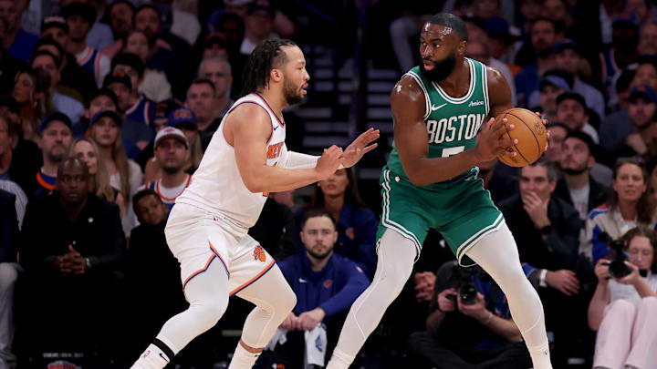 May 16, 2025; New York, New York, USA; Boston Celtics guard Jaylen Brown (7) controls the ball against New York Knicks guard Jalen Brunson (11) during the first quarter of game six in the second round of the 2025 NBA Playoffs at Madison Square Garden. Mandatory Credit: Brad Penner-Imagn Images May 16, 2025; New York, New York, USA; Boston Celtics guard Jaylen Brown (7) controls the ball against New York Knicks guard Jalen Brunson (11) during the first quarter of game six in the second round of the 2025 NBA Playoffs at Madison Square Garden. Mandatory Credit: Brad Penner-Imagn Images