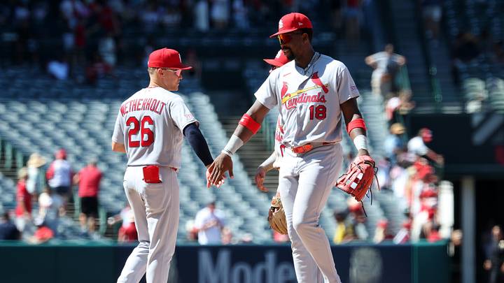 Jul 22, 2026; Anaheim, California, USA; St. Louis Cardinals second baseman JJ Wetherholt (26) celebrates a win with right fielder Jordan Walker (18) after defeating the Los Angeles Angels 1-0 at Angel Stadium. Mandatory Credit: Kiyoshi Mio-Imagn Images Jul 22, 2026; Anaheim, California, USA; St. Louis Cardinals second baseman JJ Wetherholt (26) celebrates a win with right fielder Jordan Walker (18) after defeating the Los Angeles Angels 1-0 at Angel Stadium. Mandatory Credit: Kiyoshi Mio-Imagn Images