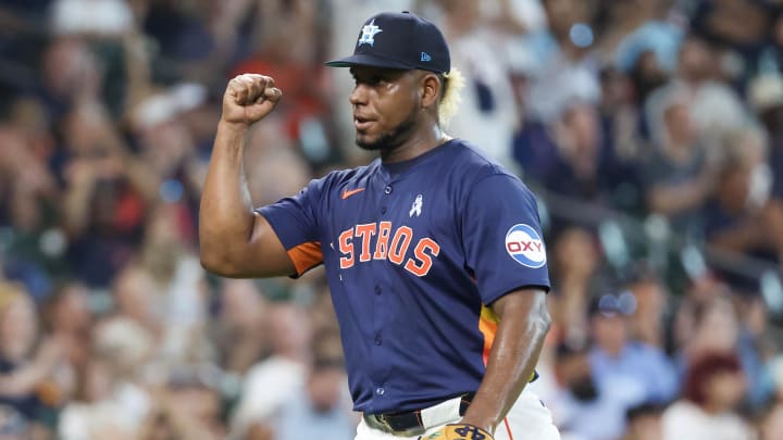 Jun 16, 2024; Houston, Texas, USA; Houston Astros starting pitcher Ronel Blanco (56) reacts to center fielder Chas McCormick (20) catch against the Detroit Tigers in the seventh inning at Minute Maid Park Jun 16, 2024; Houston, Texas, USA; Houston Astros starting pitcher Ronel Blanco (56) reacts to center fielder Chas McCormick (20) catch against the Detroit Tigers in the seventh inning at Minute Maid Park
