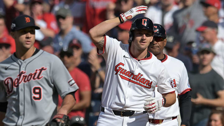 Oct 2, 2025; Cleveland, Ohio, USA; Cleveland Guardians outfielder Chase DeLauter (34) celebrates after a single for his first big league hit in the second inning against the Detroit Tigers during game three of the Wildcard round for the 2025 MLB playoffs at Progressive Field. Mandatory Credit: Ken Blaze-Imagn Images