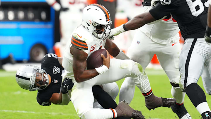 Sep 29, 2024; Paradise, Nevada, USA; Las Vegas Raiders safety Isaiah Pola-Mao (20) sacks Cleveland Browns quarterback Deshaun Watson (4) during the fourth quarter at Allegiant Stadium. Mandatory Credit: Stephen R. Sylvanie-Imagn Images Sep 29, 2024; Paradise, Nevada, USA; Las Vegas Raiders safety Isaiah Pola-Mao (20) sacks Cleveland Browns quarterback Deshaun Watson (4) during the fourth quarter at Allegiant Stadium. Mandatory Credit: Stephen R. Sylvanie-Imagn Images