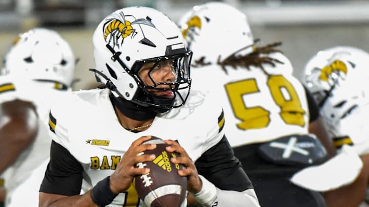 Alabama State quarterback Andrew Body (1) rolls out against UAB during their game at Protective Stadium in Birmingham Ala., on Thursday evening August 27, 2025.